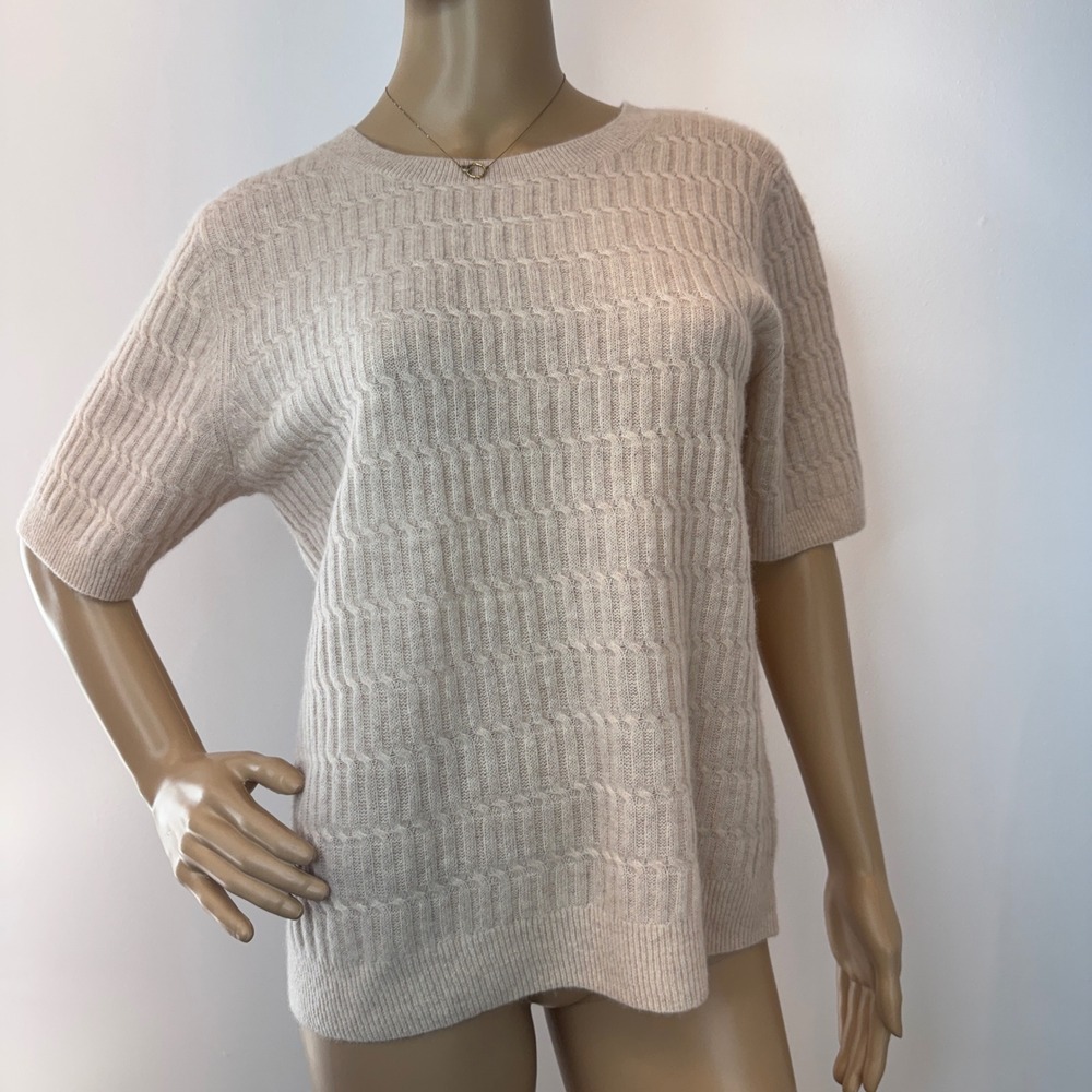 Magaschoni 100% Cashmere Short Sleeve Sweater Cable Knit Beige Tan‎ Womens S M